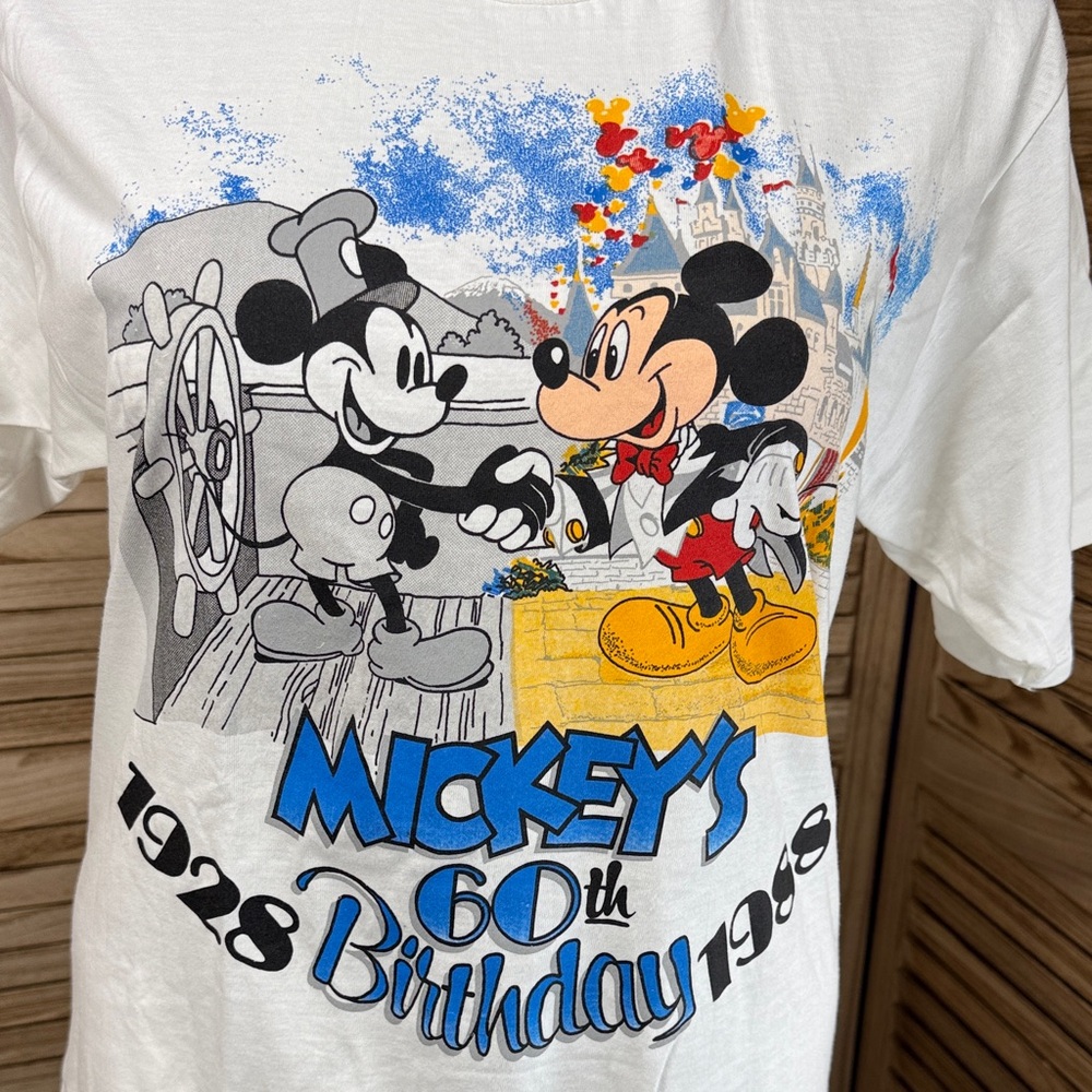 Disney T-Shirt Mickey's 60th Birthday Graphic Vintage NWT Yellow Blue Size XL - Picture 2 of 9